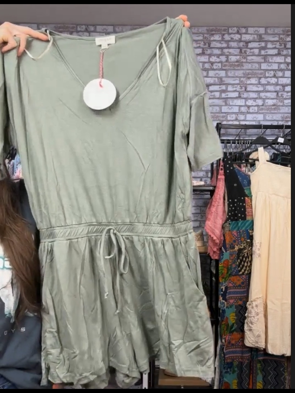 Umgee Sage Green Short Sleeve Drawstring Romper